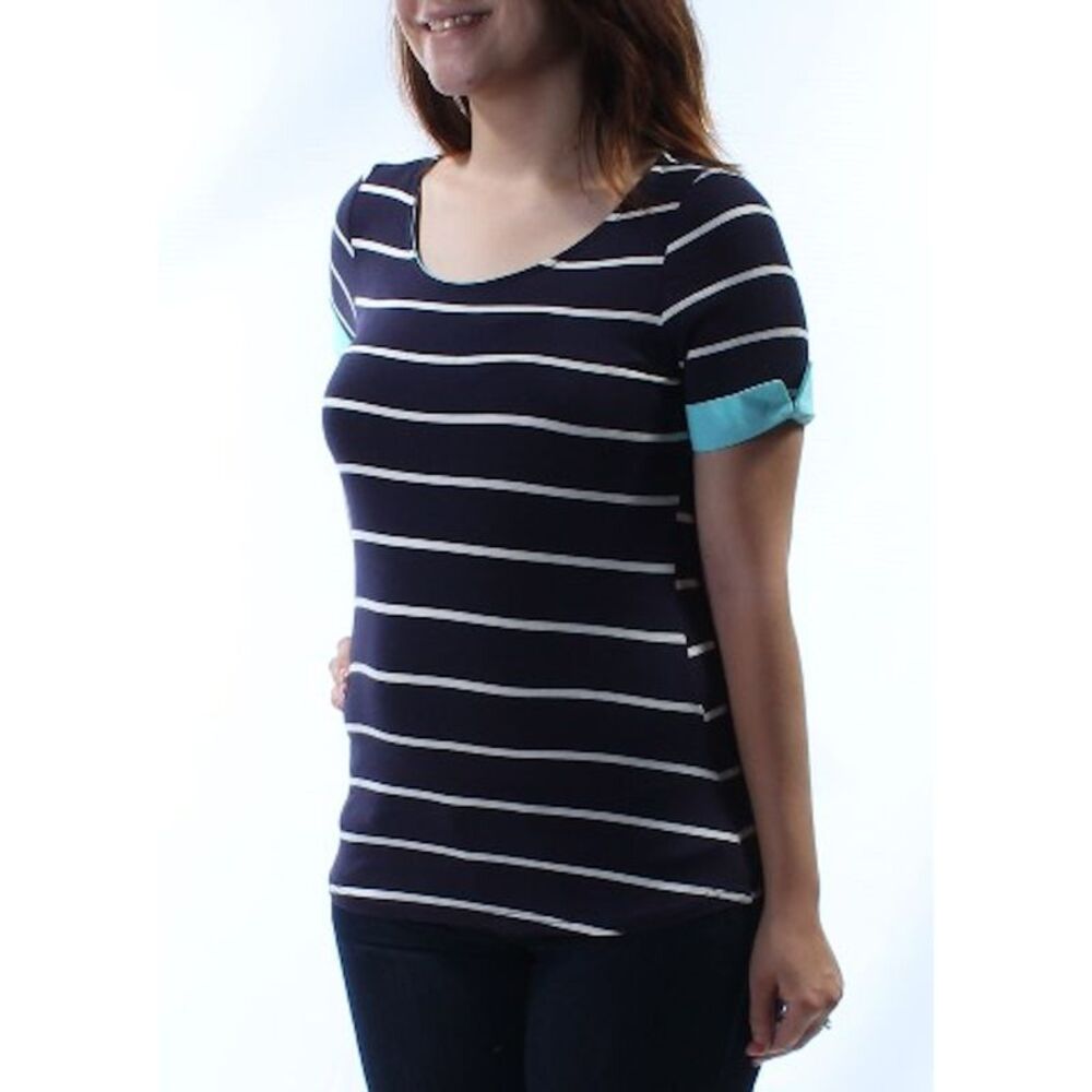 MON AMI Womens Navy White Striped Jewel Neck Cuffed Hi-Lo Top S